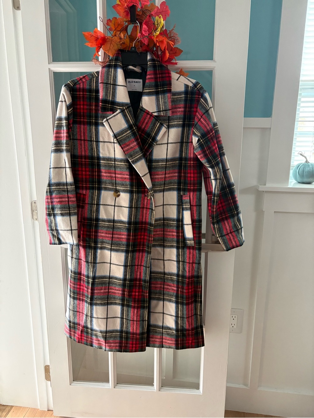 Old Navy Red, Cream & Black Plaid Double-Breasted Pea Coat